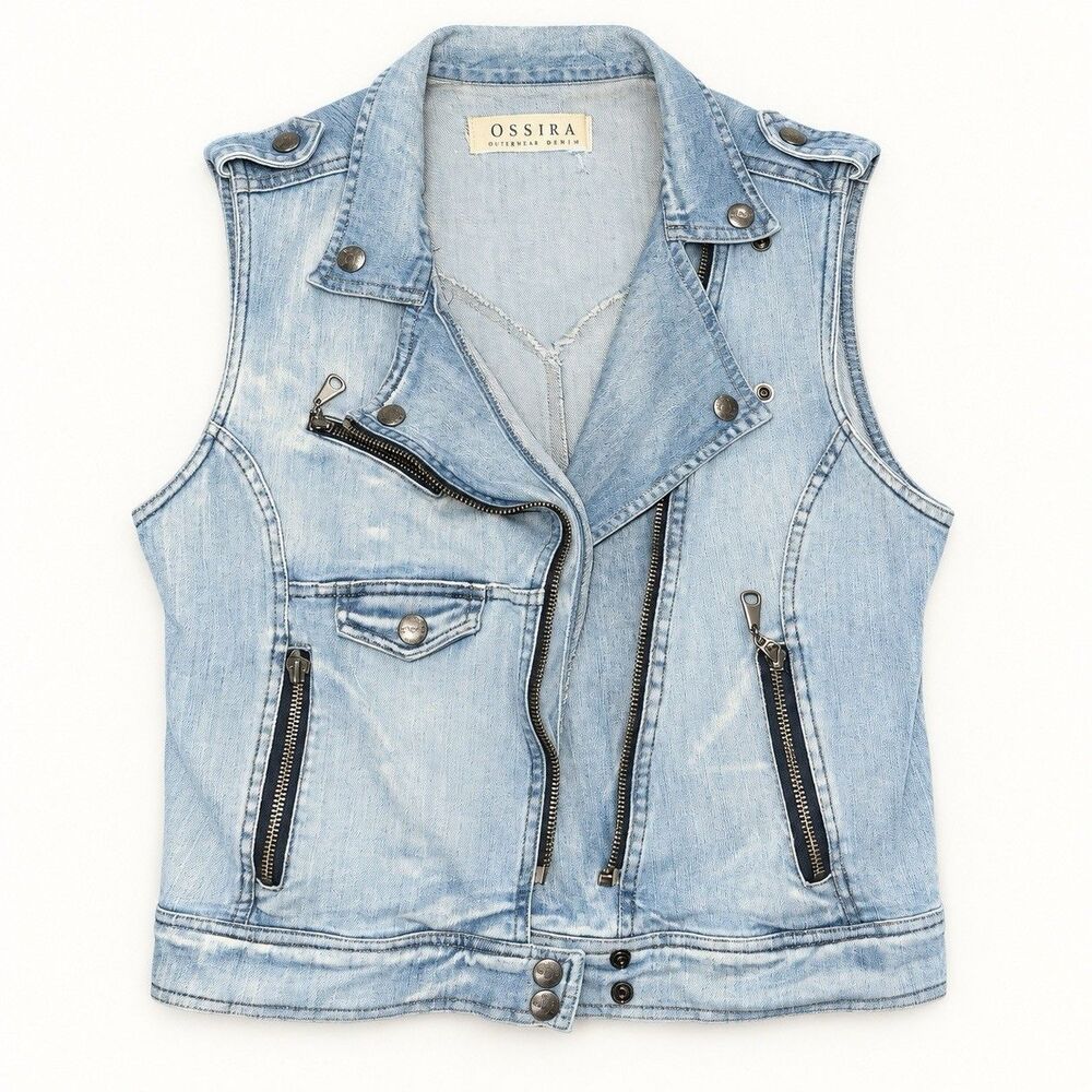 Ossira Y2K Denim Moto Biker Vest Light Wash Women’s M Punk Rock Vintage